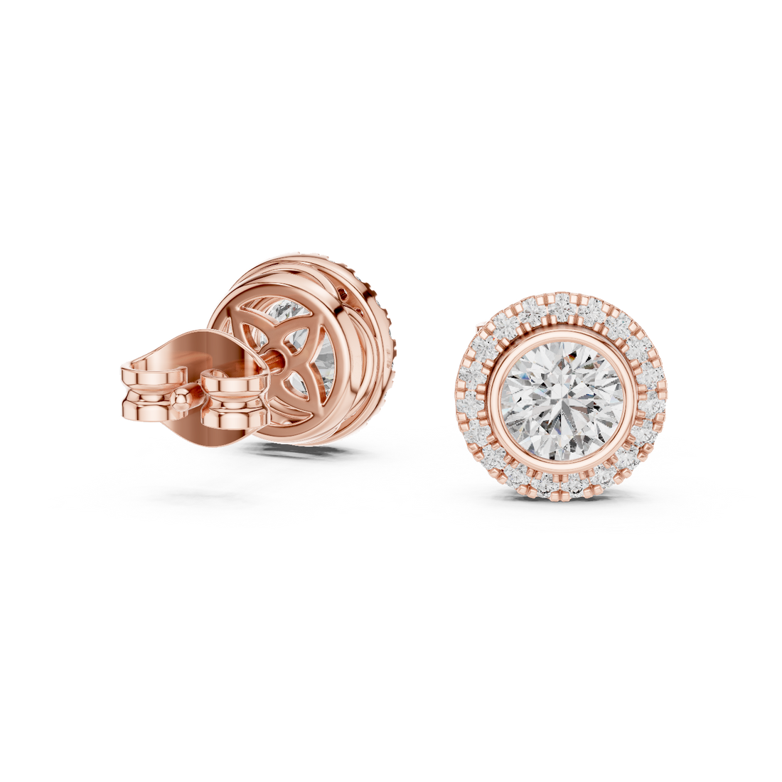 Rose Gold Round Cut Moissanite Halo Stud Earrings Vintage-Inspired Sparkle