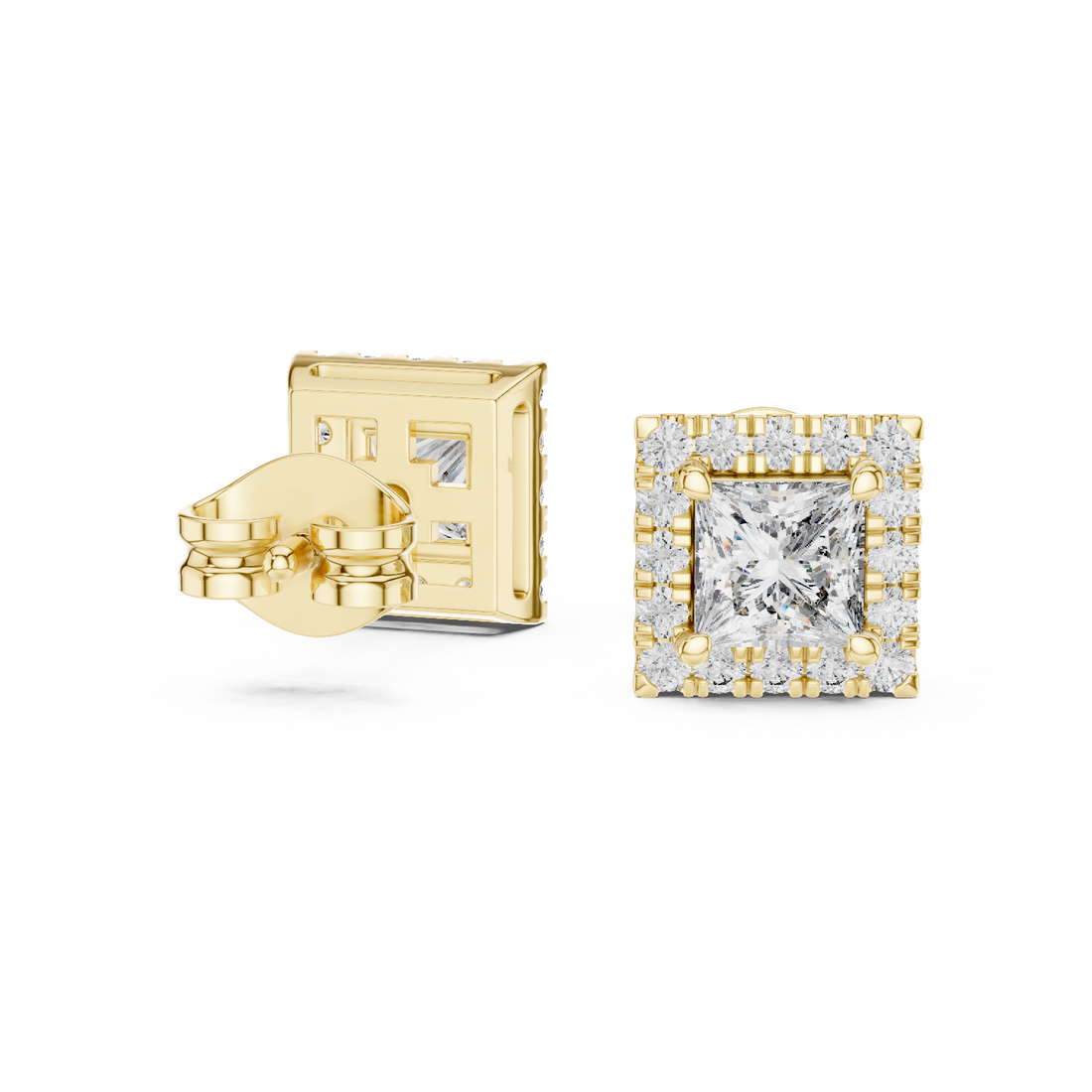 Yellow Gold Princess Cut Moissanite Halo Stud Earrings – Bold Square Sparkle