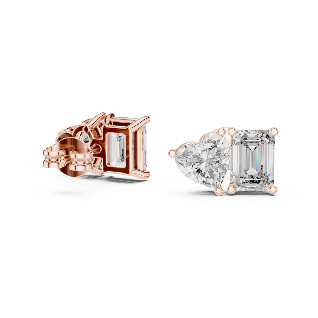 Rose Gold Emerald & Heart Cut Moissanite Stud Earrings – Dual Shape Elegance