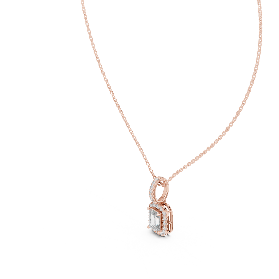 Emerald Cut Halo Diamond Pendant Necklace in White Gold