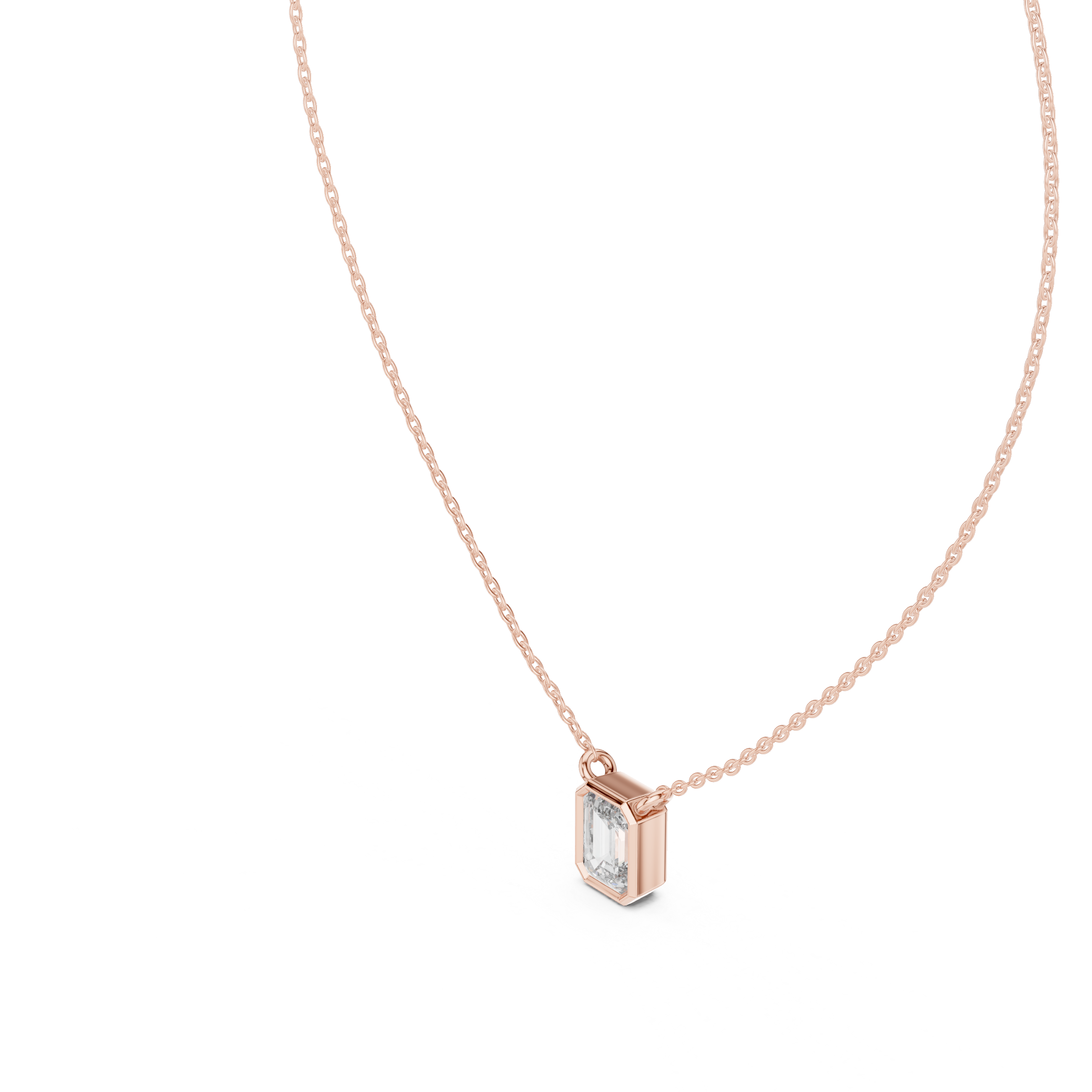 Emerald Cut Bezel Diamond Pendant Necklace in Rose Gold