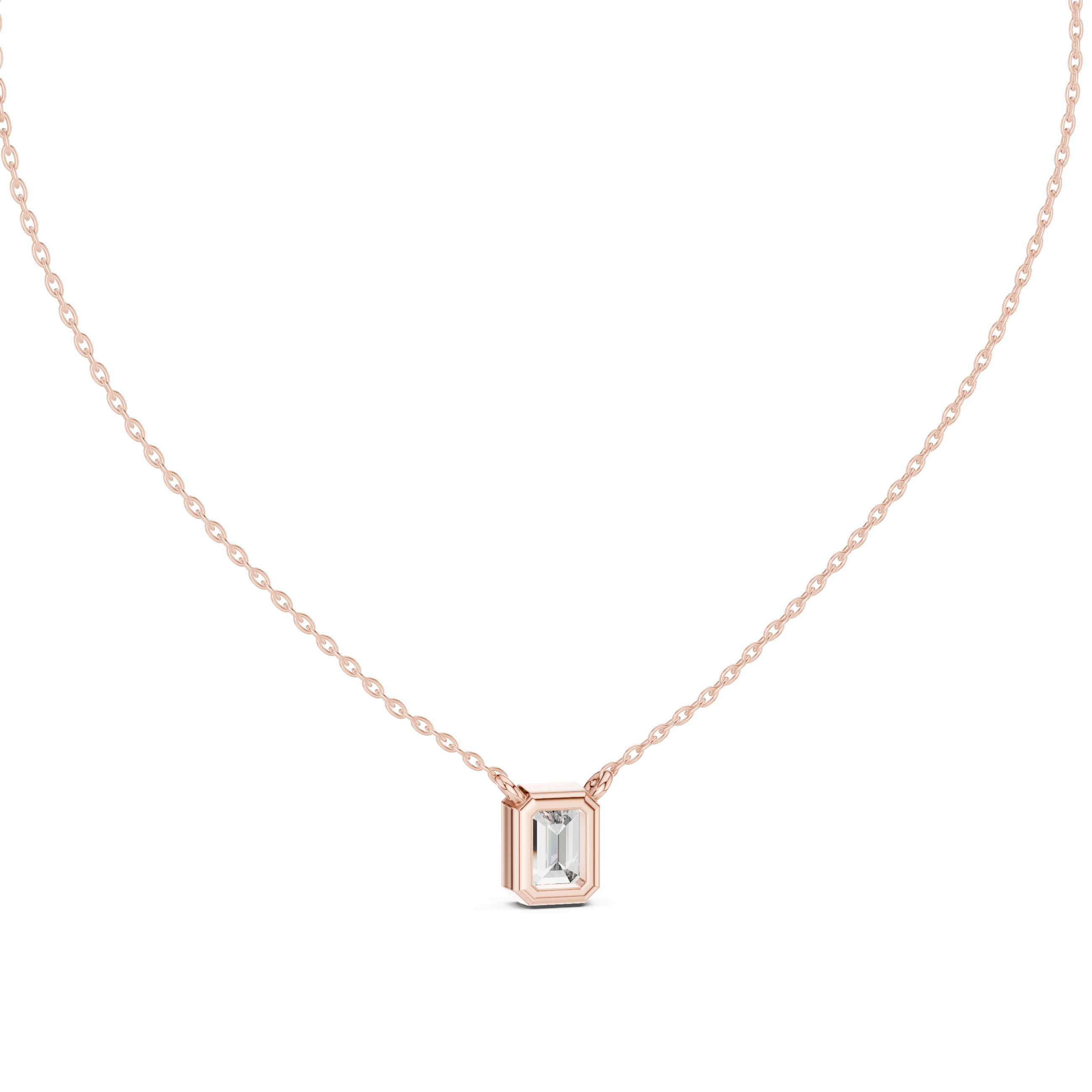 Emerald Cut Bezel Diamond Pendant Necklace in Rose Gold