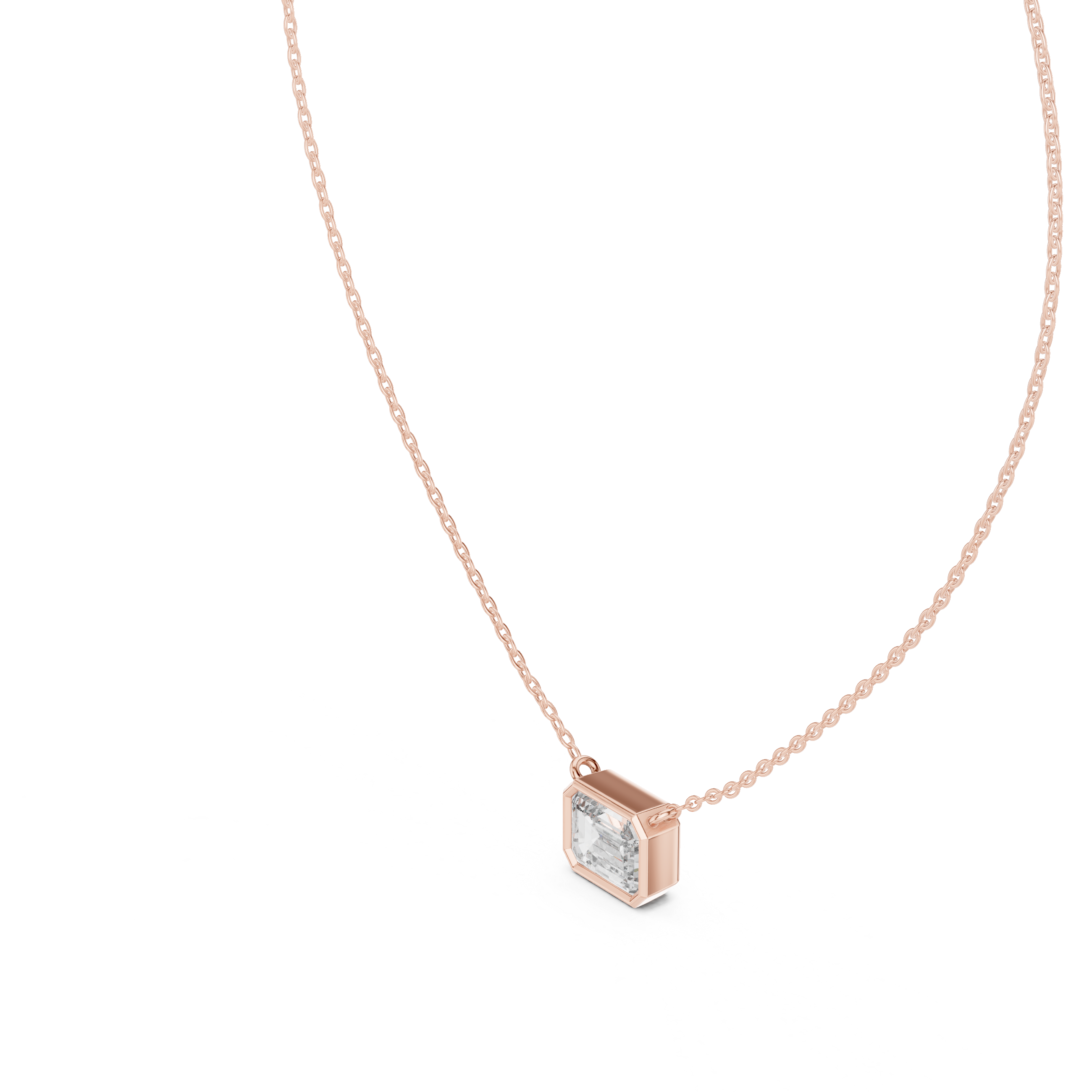 Octagon Emerald Cut Diamond Pendant Necklace in Rose Gold
